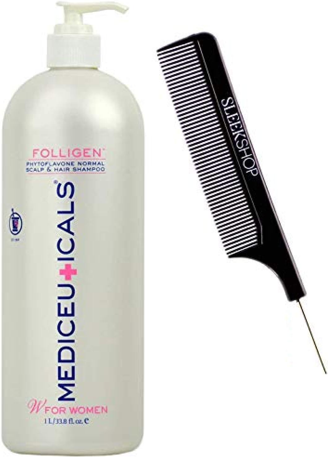 Therapro MEDIceuticals Folligen Normal Scalp & Hair Shampoo For Women (W/Sleek Steel Pin Tail Comb) Woman Suffering From Hair Loss. 33.8 oz / 1000 ml - LARGE LITER SIZE