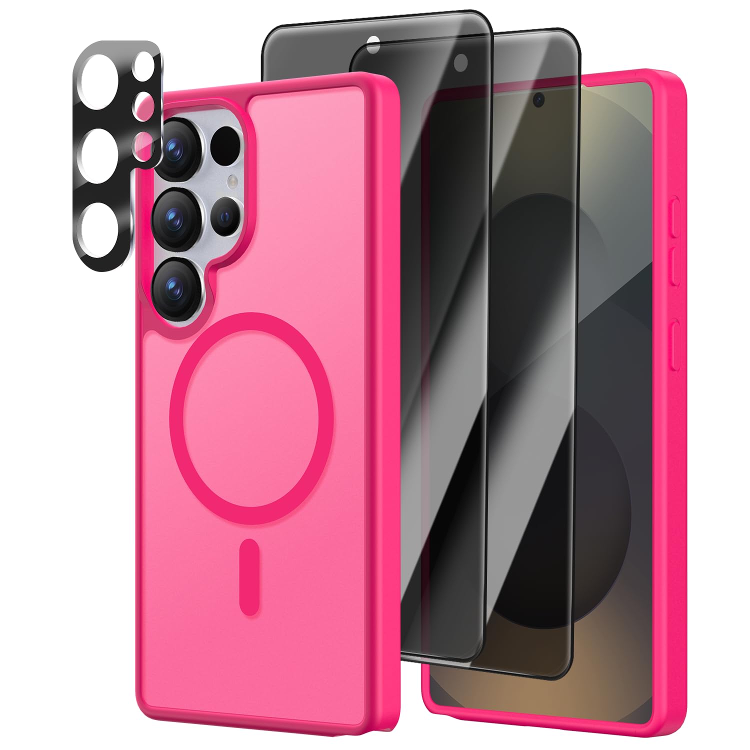 View 1 of [4 in 1] Magnetic for Samsung Galaxy S25 Ultra Case, 2 Pics Privacy Screen Protectors and 1 Pic Camera Protector, Fit for MagSafe, Military Grade Shockproof Translucent Matte S25 Ultra Cover, Hot Pink