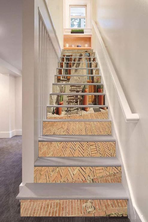 Anselc05ls Tuscan 3d Stair Riser Stickers Removable Wall Murals Stickers Medieval Facade Rustic Wooden Door Ancient Brick Wall In Small Village For Home Decor 39 3 X7 X13pcs Tan And Light Cinnamon Amazon Ca Home Kitchen