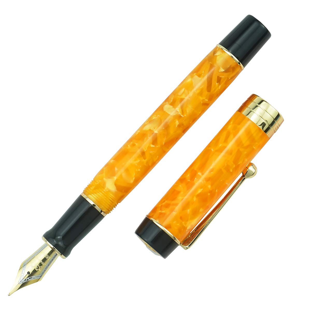 Jinhao 100 Series Fountain Pen, Medium Nib Yellow Marble Colour Resin Barrel Golden Trim with Metal Pen Case
