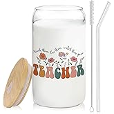 BEHIFL Teacher Glass Cup with Lids and Straws 14oz, Back to School Teacher Gifts, Teachers Appreciation Gift for Women Glass Iced Coffee Tumbler Drinking Jars with Cleaning Brush
