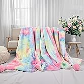 Faux Fur Soft Tie-Dye Throw Blanket with Pom Poms, Pastel Rainbow Colors,63 x 79 Inches, Gift for Women