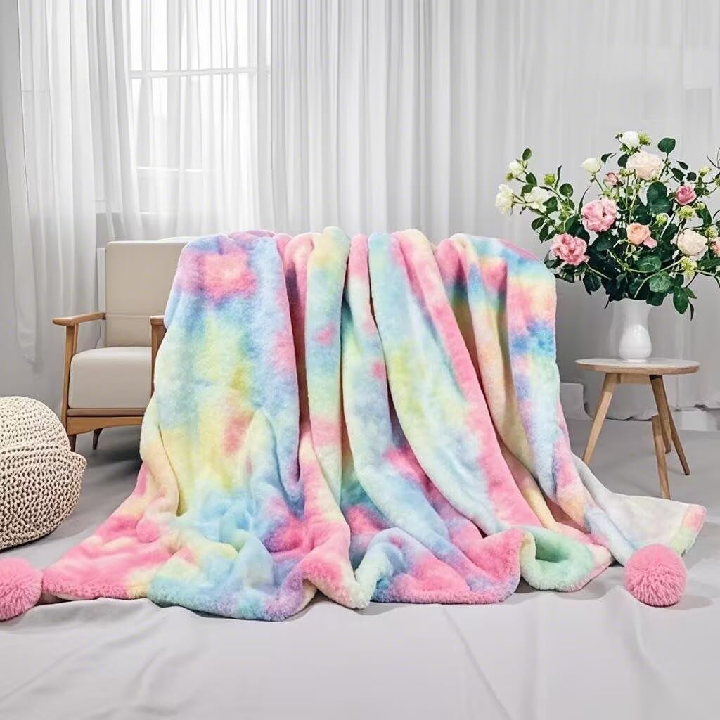MYRU Plush Super Soft Blanket Bedding Sofa Cover Furry Fuzzy Fax Fur Throw Blanket with Pom Poms (Rainbow,51 x 63 Inch)