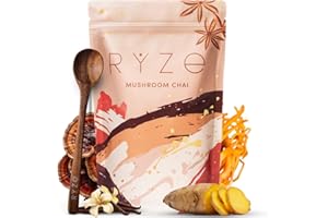 RYZE SUPERFOODS Mushroom Chai with 6 Organic Adaptogenic Mushrooms for Better Energy, Focus, Digestion, Immunity with USA Grown Lion's Mane, Turkey Tail, Shiitake, Reishi - Gluten Free, 20 Servings