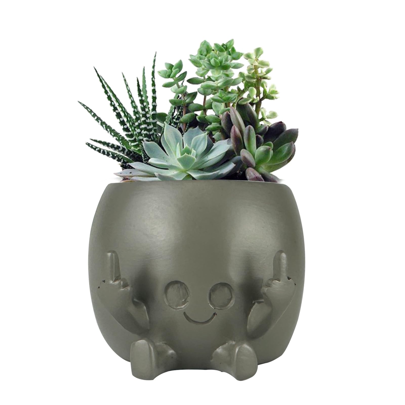 CMANLNYK Funny Plant Pot with Fingers Up - Novelty Resin Smile Succulent Flower Pots, Cute Small Smiley Face Plant Pot for Indoor Outdoor Garden, Gifts for Lovers Home Table Decor (Grey)