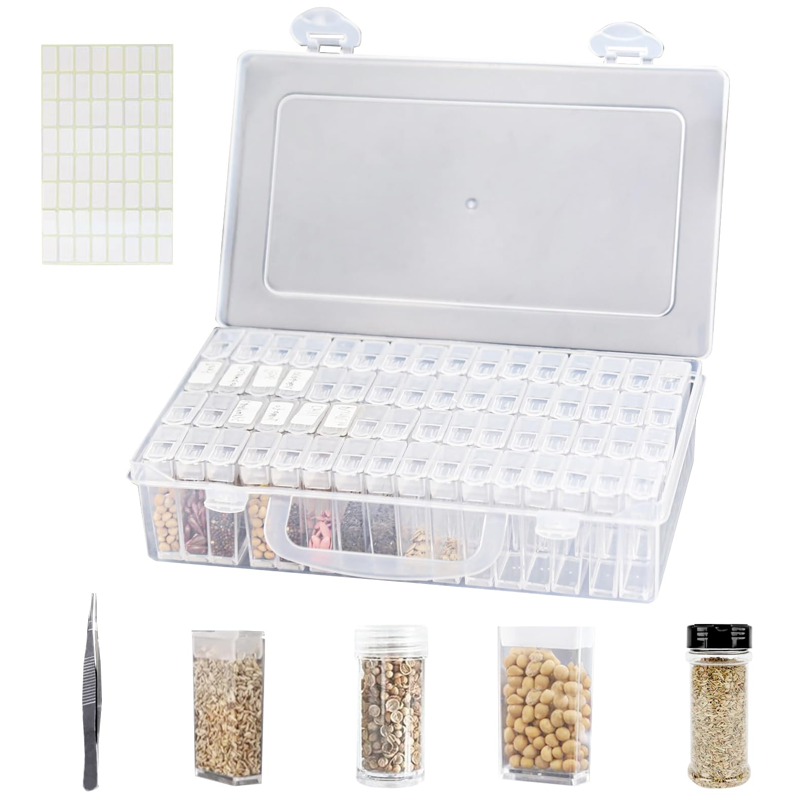 GeluEla Seed Storage Box, 64 Slots Plastic Seed Storage Organizer Box, Transparent Reusable Seed Container Organizer with 112 Label Stickers and Tweezers, for Gardening Categorizing Storing Seed