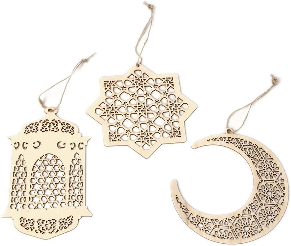 Islam Eid Ramadan Mubarak Hollow Decorations Wooden Golden Hanging Lantern Baubles Festive DIY Home Decorations