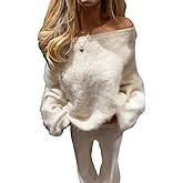 Women Mohair Off Shoulder Cropped Sweater Oversized Long Sleeve Cozy Fluffy Fuzzy Knit Pullover Tops