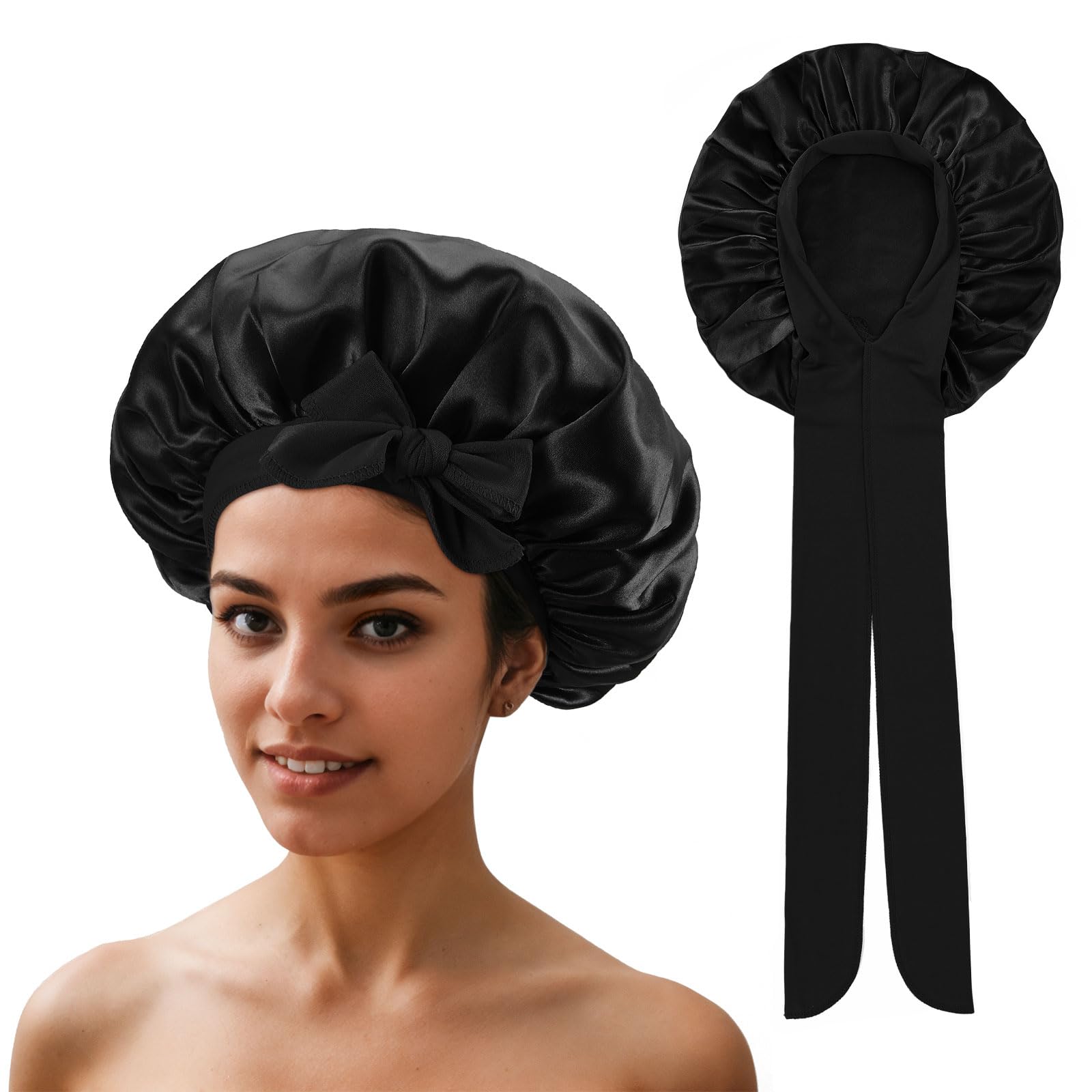 QIUTIMIY Satin Bonnet for Curly Hair,Bonnet Hair Wrap for Sleeping with tie, Hair Bonnet for Long Braid Hair,Black