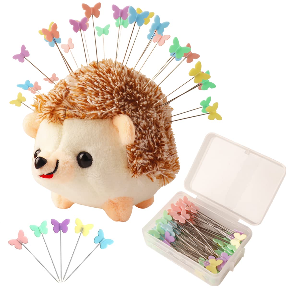 CICILIAYA Hedgehog Shape Pin Cushion, Cute Pincushions Sewing Kit Accessories Supplies Needle Cushions Holder with 100Pcs Colored Ball Heads Straight Fabric Pins for DIY Crafts (Khaki)