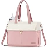 LOVEVOOK Laptop Bag for Women 15.6 Inch Canvas Laptop Large Capacity Work Bags Mutiple Pockets Teacher Bag Water Resistant Computer Bags for Business Travel Nurse, Pink Beige