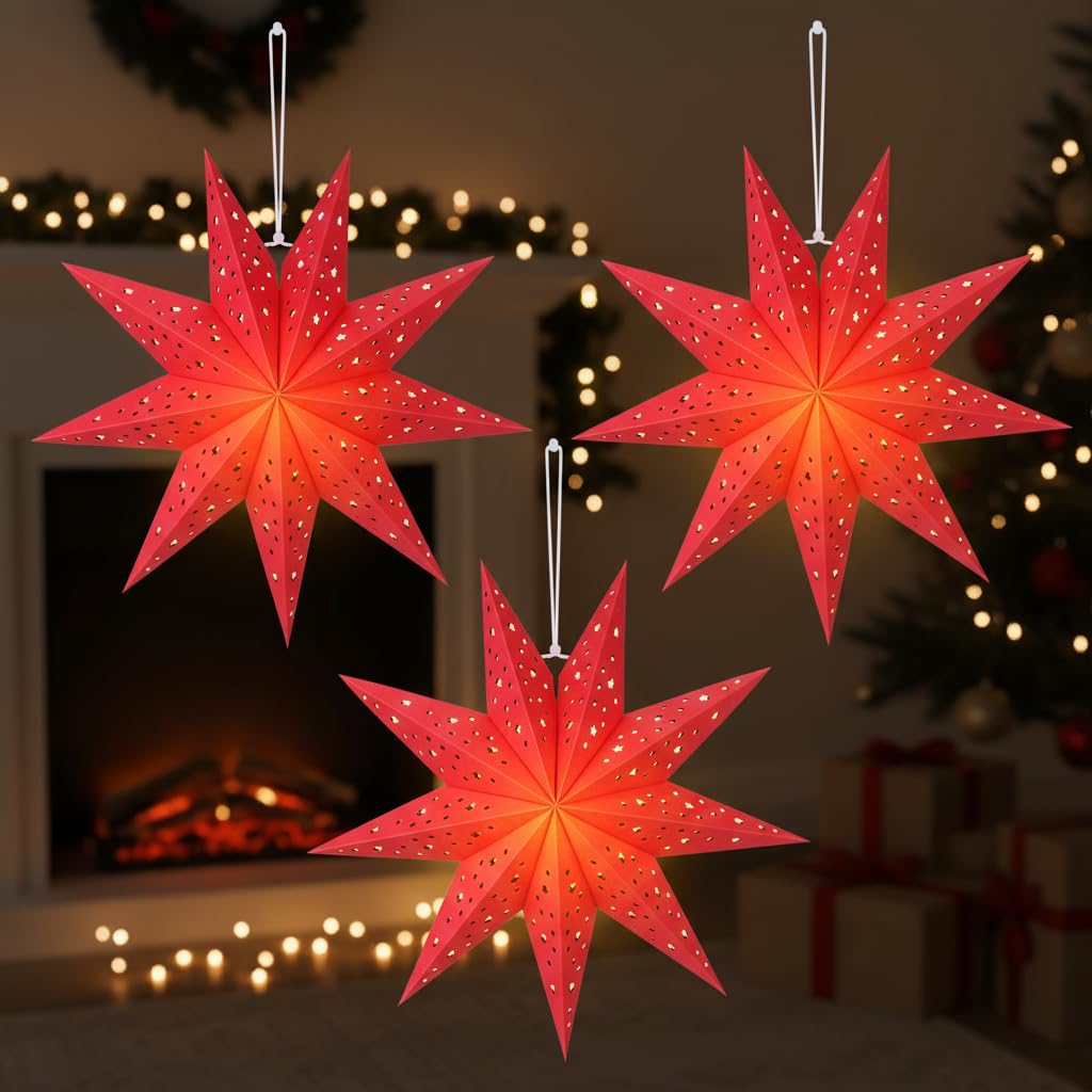 Housoutil Red Christmas Star Paper Lantern, 3PCS Folding Red Paper Star Light Shade, Light up 9-Pointed Hollow Out Christmas Lamp Shade, Hanging White 9-Pointed Lamp Covers for Xmas Tree Top