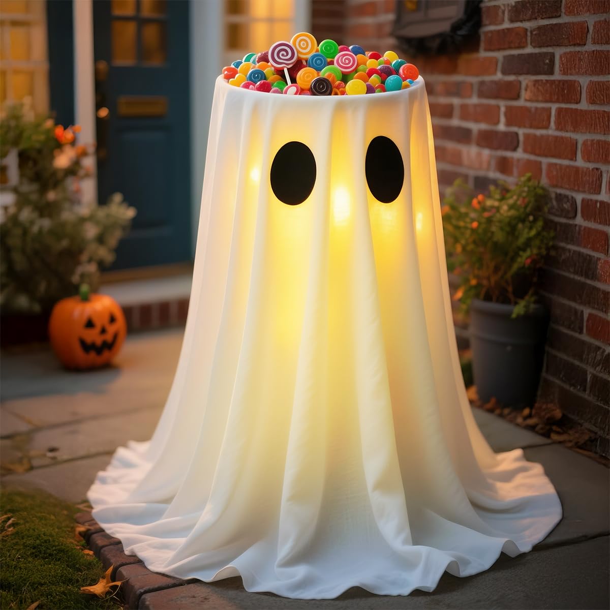 Photo 1 of USB Powered Halloween Decorations - Halloween Ghost Candy Bowl Stand Decoration with 8 Modes Remote Control LED Lights - Cute Ghost Candy Holder for Front Door Porch Outdoor Indoor Decor