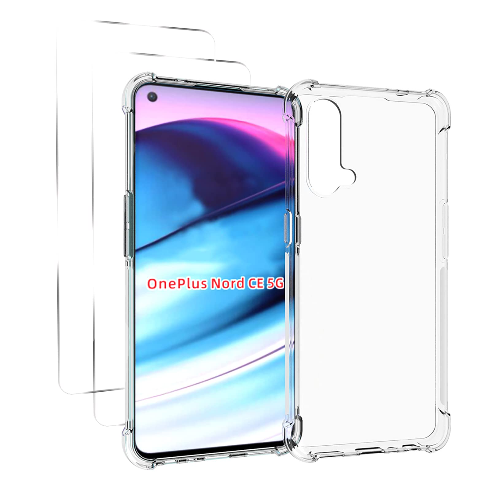 GMUJIAO Case for OnePlus Nord CE 5G,With 2 * Tempered Glass Screen Protector [2 in 1],Transparent Soft TPU Shockproof Phone Case