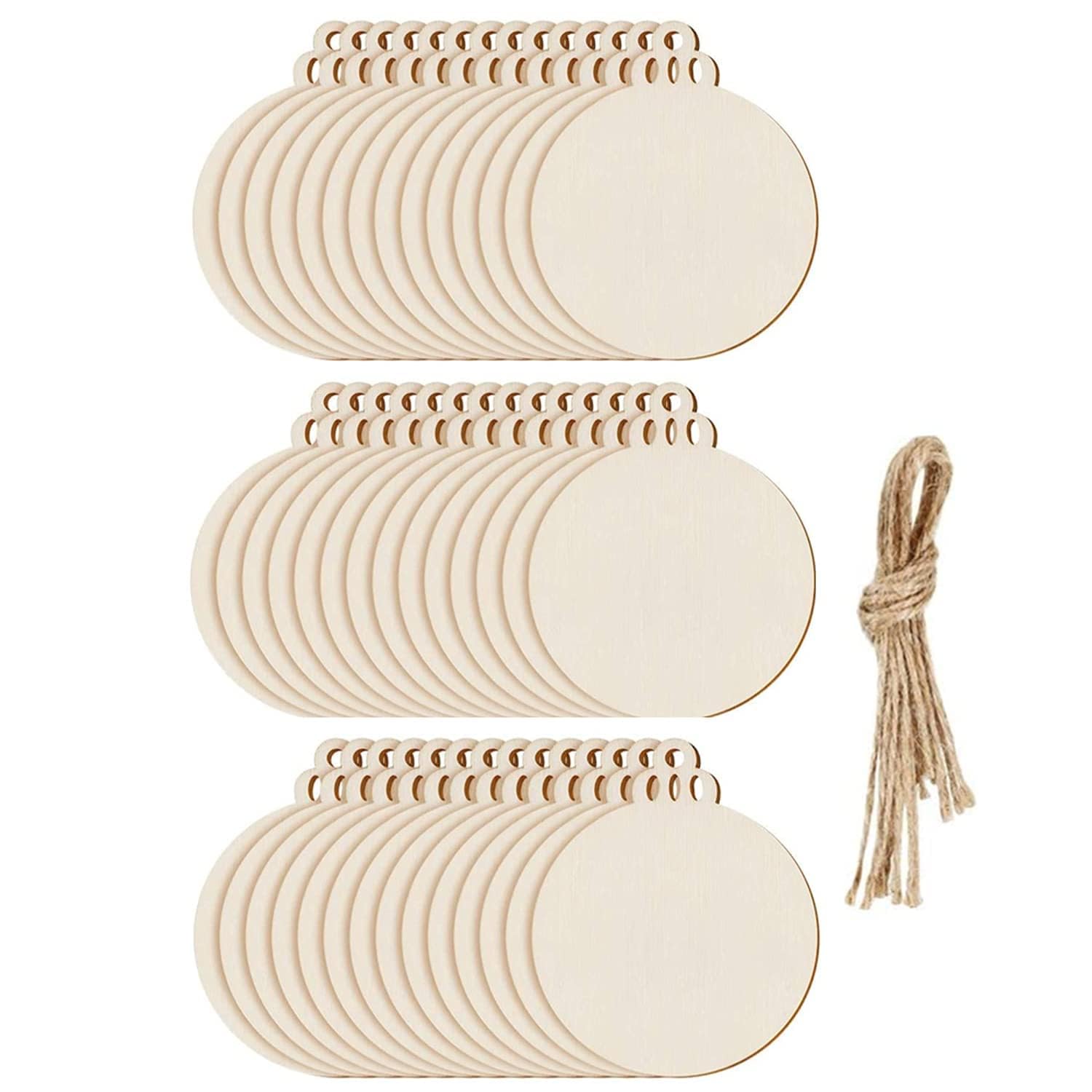 DRERIO 100 Pcs Round Wooden Baubles Christmas Hanging Embellishments Wood Slice Natural Christmas Ornaments Baubles Blank Wooden Embellishments with String for Xmas Tree Decoration DIY Crafts — image 1