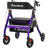 BlessReach Foldable Heavy-Duty Rollator Walker with Seat for Seniors,Purple | Folding Tall walkers for Tall Men Rolling, 400 lb Capacity, 8'' Wheels, 18" Big Seat, 6-Position Adjustable Height
