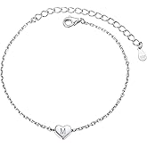 925 Sterling Silver Dainty Heart Bracelets for Women, A-Z Letter Cute Initial Charm, Bracelet: 6.3"-8.3", Adjustable, Come with Box