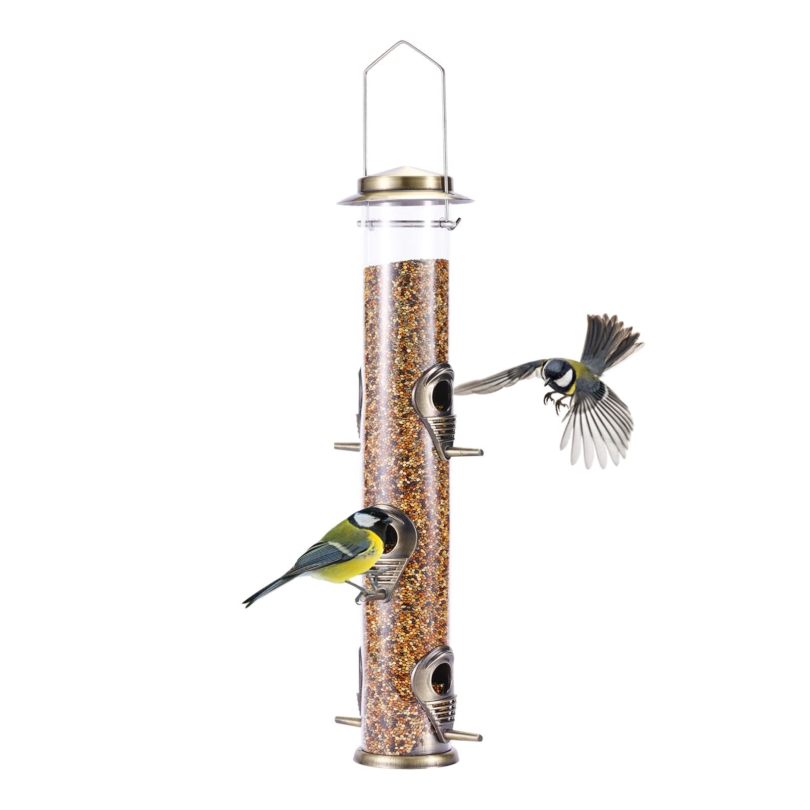 Metal Bird Feeder Tube Hanging Feeders Wild Bird Seed Feeder Heavy Duty Metal 6 Port Bird Feeders with Steel Hanger Weatherproof and Water Resistant Great for Attracting Birds (Greencopper)