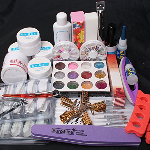 US Seller ~ 24 in 1 Combo Set Professional DIY UV Gel Nail Art Kit Brush Buffer Tool Nail Tips Glue Acrylic Set #63(C)