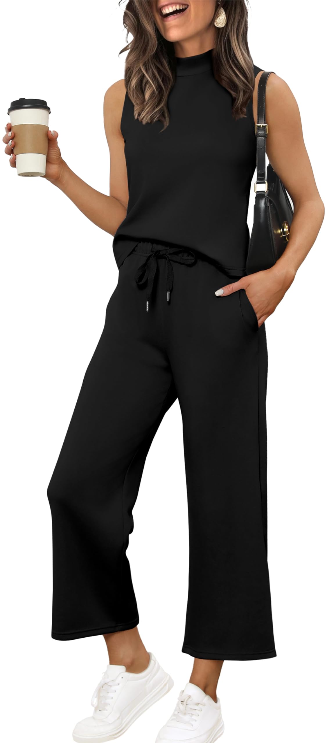 Photo 1 of **PARTIAL SET PANTS ONLY/ STYLE DIFFERS FROM STOCK PHOTO*** XIEERDUO Lounge Sets for Women 2 Piece Plus Size Summer Outfits Matching Sets Fashion Women Clothing Spring Vacation Outfits Business Casual Wide Leg Crop Pants Airport Travel Outfits 2025 Black 