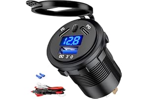 GOBGOD 12V/24V USB C Car Charger Socket USB C Outlet Dual 45W PD Type C & 18W QC3.0 Port with LED Voltmeter (Blue)