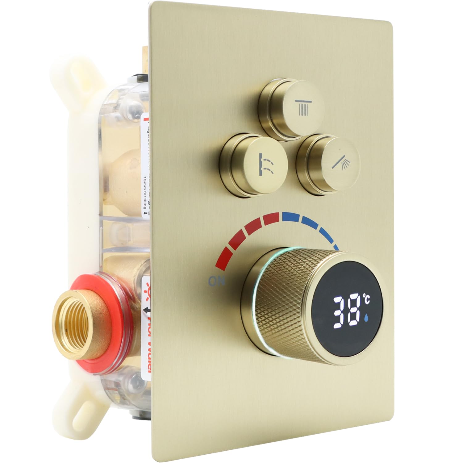 Delnet Solid Brass Shower Mixer Valve, Concealed 3 Way Outlet Digital Display Diverter Valve, Can Use All Options at A Time, Brushed Gold