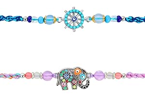 TRENDBELL Set of 2 Rakhi for Brother – Premium Evil Eye & Elephant Rakhi Combo with Raksha Bandhan Greeting Card & Roli Chawal | Rakhi for Bhaiya & KSmall Brother | Rakhi Thread from Sister