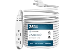 K KASONIC - 25-Feet 3 Outlet Extension Cord, UL Listed, 16/3 SJTW 3-Wire Grounded, 10 Amp 125 V 1625 Watts, Multi-Outlet Indoor/Outdoor Use, White