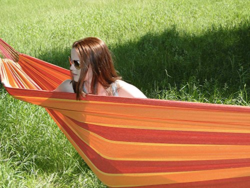 Hammock Sky Brazilian Double Hammock - Two Person Bed for Backyard, Porch, Outdoor and Indoor Use - Soft Woven Cotton Fabric for Supreme Comfort (Orange & Yellow Stripes)