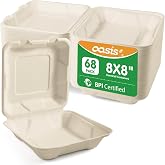 OasisSN 8x8 Inch 68 Pack Compostable Clamshell Take Out Food Containers, Disposable Paper To Go Boxes with Lids, Heavy Duty Sugarcane Bagasse Containers for Meals &amp; Takeout, Natural