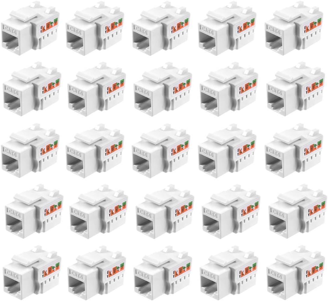 TENINYU 25-Pack RJ45 Keystone Jack Module Connector 568A/568B, Keystone Adapter Compatible Cat 6/5e/5 Connector,White