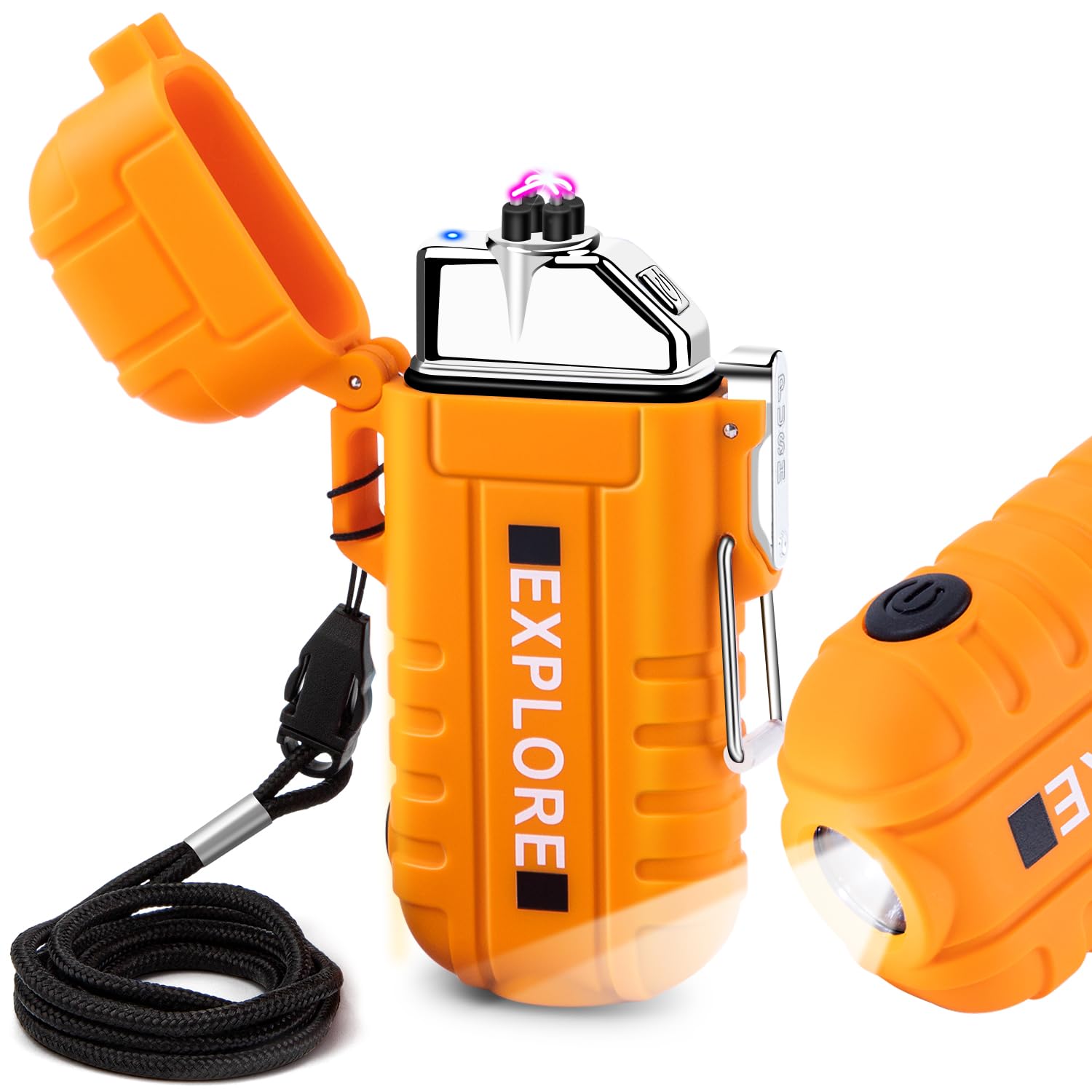 Electric USB C Rechargeable Lighter with Cross Dual Arc, Windproof and Waterproof Lighter with Flashlight for Camping, Survival, Hiking (Orange) — image 1