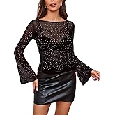 SEBOWEL Women's Sheer Mesh Top with Rhinestones Off Shoulder Bell Sleeve Glitter Blouse Sexy See Through Clubwear Shirt