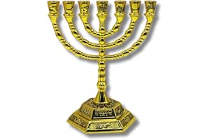 3 Arches USA 7 Branch Temple Menorah Silver Plated Home Decor 5"- 12 Tribes of Israel Hexagonal Base Candle Holder, Stunning Workmanship in Metal Alloy. (Gold, 5")