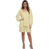 DinDinCAT Womens Pajamas Set 2 Piece Pjs Ruffle Soft Long Sleeve Top and Shorts Sleepwear Sets Casul Pajamas Set