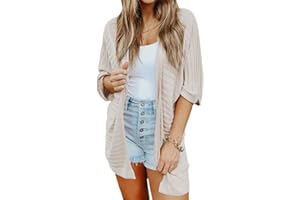 SHEWIN Women's Casual 3/4 Short Sleeve Open Front Lightweight Cable Knit Kimono Cardigan Sweaters