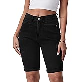 Metietila Women's Casual Straight Leg Long Denim Shorts Elastic Bermuda Jean Shorts
