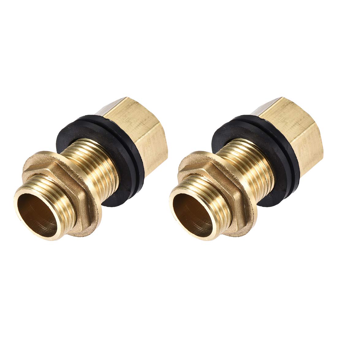sourcing map Bulkhead Fitting, G1/2 Male 0.75" Female, Hex Tube Adaptor Connector Hose Fitting, with 2 Silicone Gaskets, for Water Tanks, Brass, Gold Tone, Pack of 2
