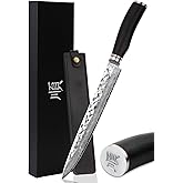 YOUSUNLONG Fillet Knives 10 inch Sashimi Knife Pro Yanagi Knife Japanese Hammered Damascus Natural Ebony Wood Handle with Leather Sheath