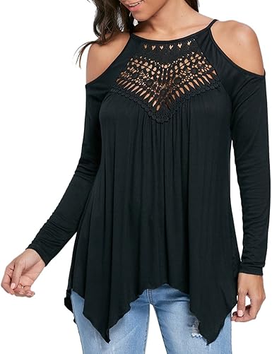iShine Casual T-Shirt de Femme Top en Epaule Nue à Manches Longues Col Rond  avec Dentelle Creux Blouse à Bretelle Pan Irrégulière Lâche Shirt:  Amazon.fr: Vêtements et accessoires