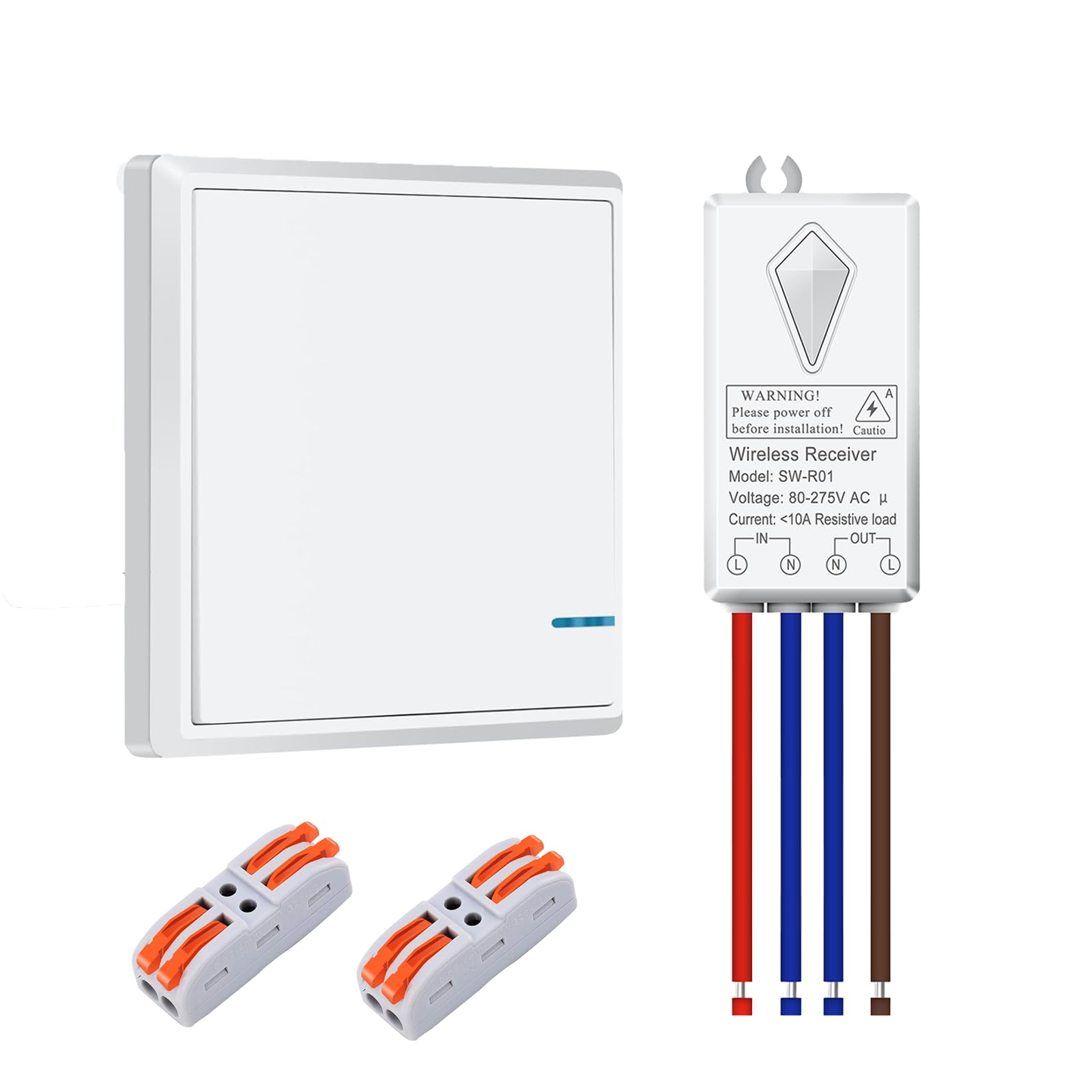 Wireless Light Switch Kit,NineLeaf Wireless Switches for Lights AC 80~275V,Kinetic Switch Remote Control Range 400m,Cordless RF Remote Control,10A 1000W for Lighting Fixtures and other Appliances