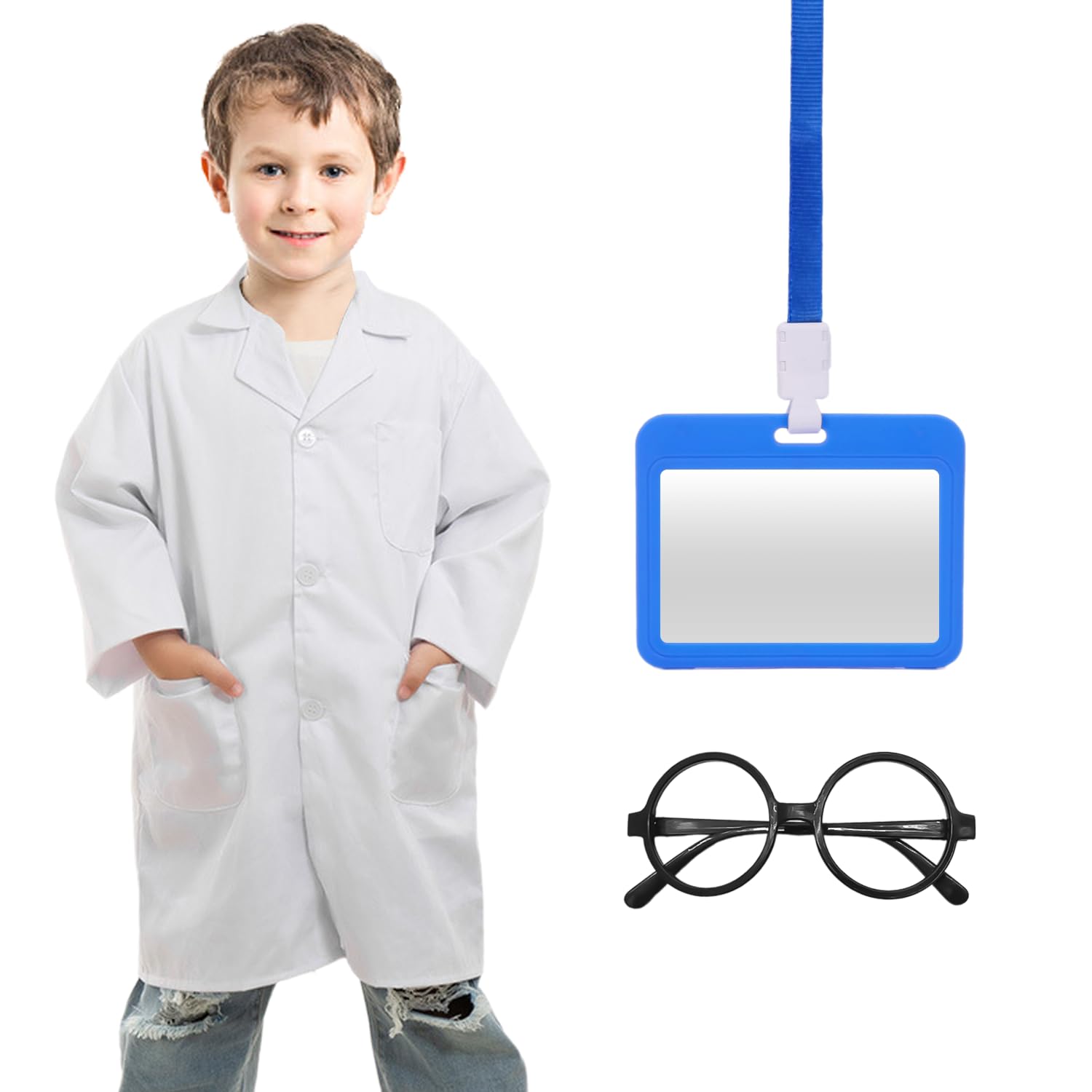 TYGFRT 1 Piece White Children's Role-Playing Costume, Doctor/Scientist, Unisex-Kids, Ages 10+, COSTUME_OUTFIT, Kids, Includes ID Holder & Glasses