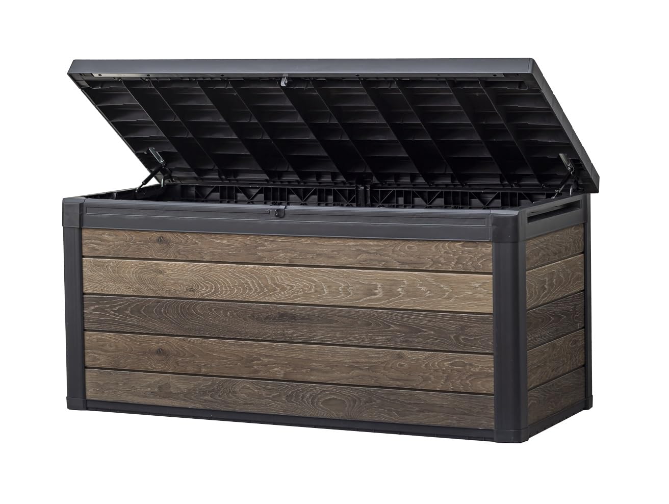 Photo 1 of Keter Signature Collection 150 Gallon Resin Deck Box Organization and Storage Box for Patio Outdoor Cushions, Throw Pillows, Garden Tools and Pool Supplies, Walnut