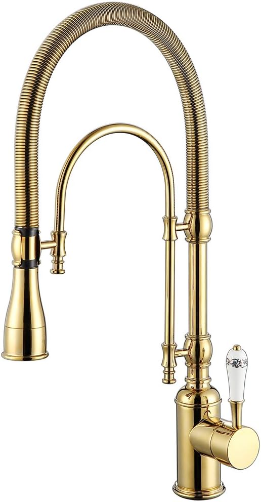 Platizon Gold Pull-down Kitchen Faucet Single Level with Stainless Steel 304 Flexible Hose Brass Sprayer High Arch Spring Bar Sink Faucet