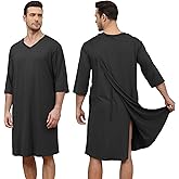 Liokoc Soft Elastic Men's Hospital Gown with Shoulder Snaps, Waist Drawstring, Side Pockets, Patient Gown for Men