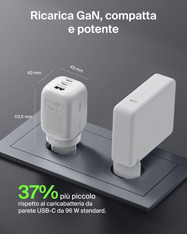 Caricatore da muro GaN USBC a 3 porte da 100 W, 2 porte USBC e 1 porta USBA, Spine incluse per UE-UK-US, Ricarica Rapida per MacBook, iPhone, iPad Pro, Samsung Galaxy, Google Pixel - Bianco
