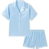 DIPUG Girls Pajamas Set Satin Short Sleeve Pjs with Ruffle Trim Soft Silky Sleepwear for Ages