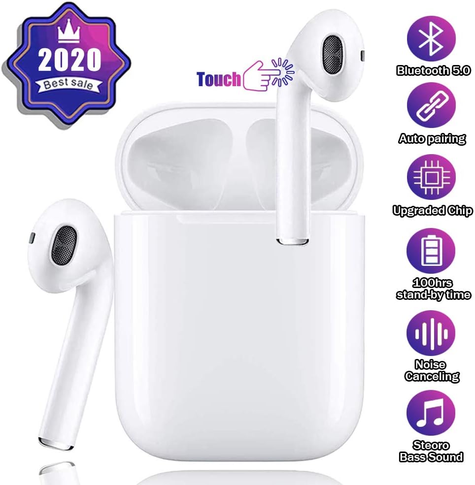 Wireless Earbuds Bluetooth 5.0 Noise Canceling Earphones in Ear 3D Stereo Headphones with Charging Case Built-in Mic Wireless Headphones for iPhone Android Apple airpods (White)
