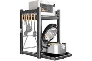 2-Tier Adjustable Kitchen Counter Shelf with Pull-Out Tray, Metal Microwave and Rice Cooker Stand, Storage Rack Organizer(Gra