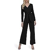 DKNY womens Long Sleeve V-neck Tie Front Detail Straight Leg Jumpsuit